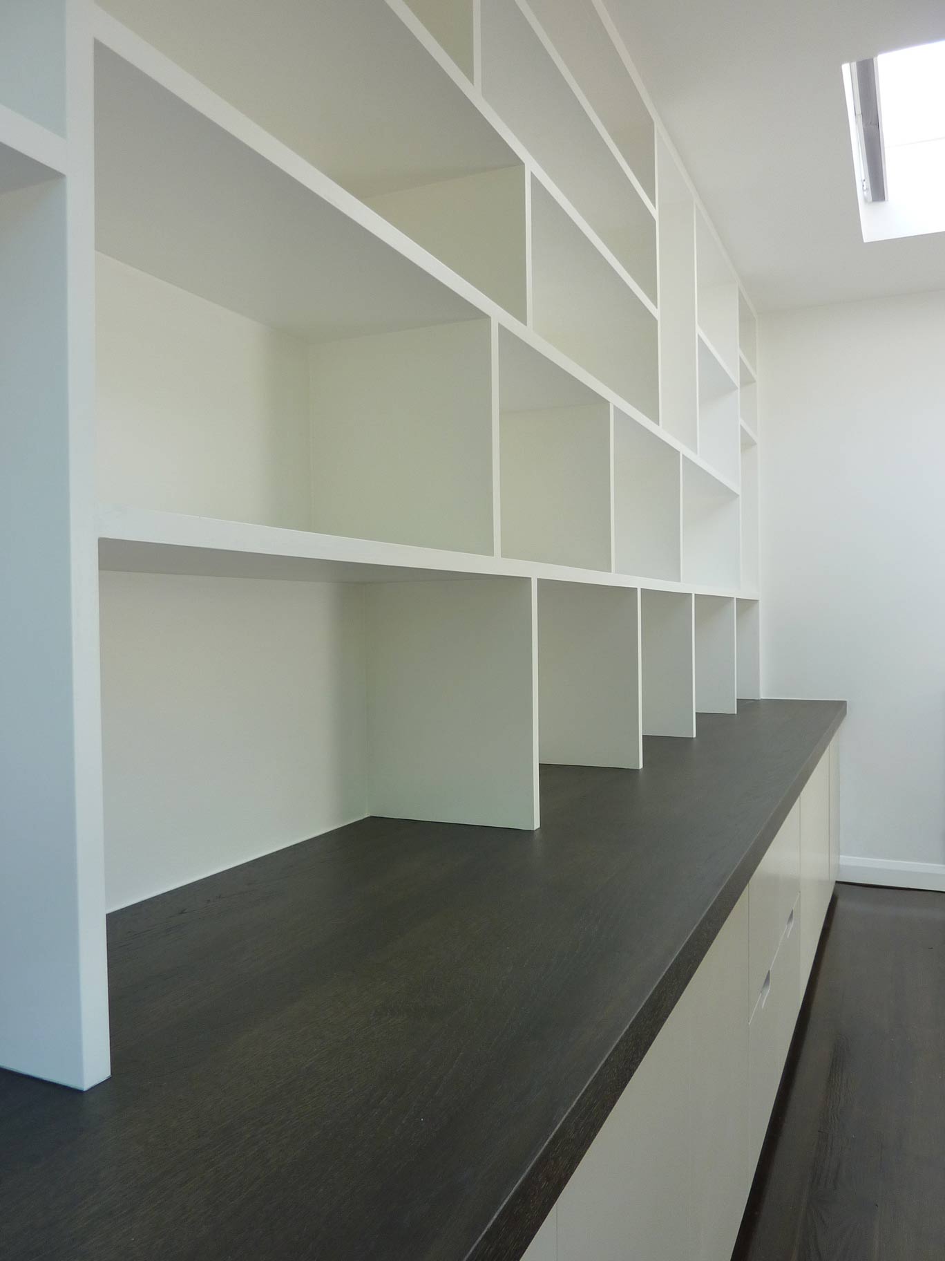 bespoke fitted home office storage with dark oak worktop