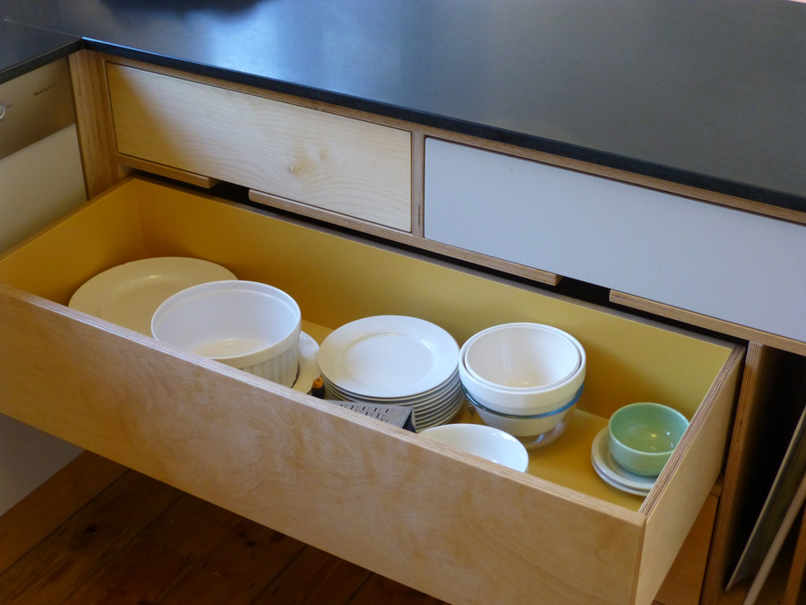 pan drawer in handmade sixties style kitchen design