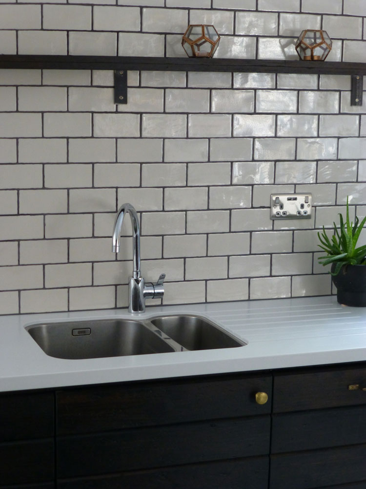 subway tiles plank shelf industrial iron brackets