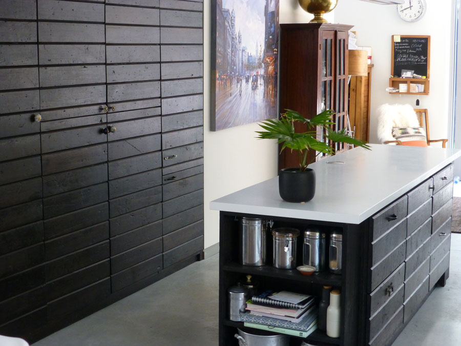 pantry in upcycled planks with birch plywood interiors