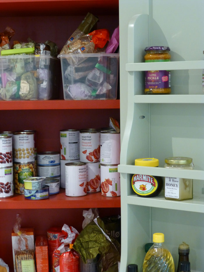 Farrow and Ball Incarnadine inside this bespoke larder cupboard