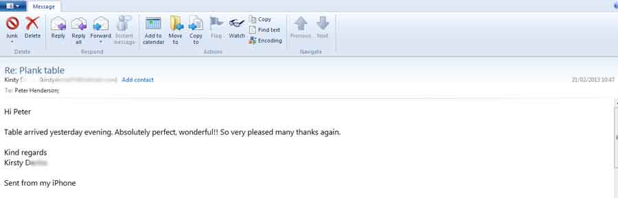email from happy rustic plank table customer